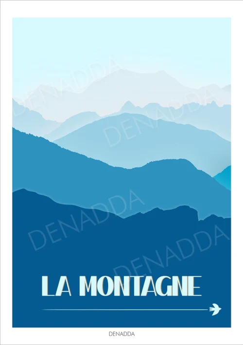 Affiche personnalisée paysage minimaliste de la montagne en hiver. Illustration dessinée par Denadda à l’aide d’une palette de couleurs bleues.