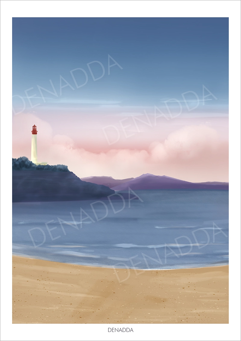 Affiche personnalisée paysage de l'océan au coucher du soleil sur la plage. Illustration Denadda.