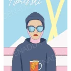 Affiche ski minimaliste Après-ski bleu et jaune – illustration Playful Denadda inspirée par Audrey Hepburn, déco montagne moderne avec skieuse en lunettes et boisson chaude.