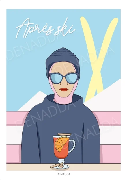 Affiche ski minimaliste Après-ski bleu et jaune – illustration Playful Denadda inspirée par Audrey Hepburn, déco montagne moderne avec skieuse en lunettes et boisson chaude.