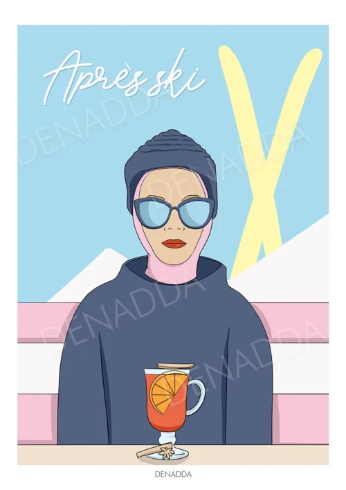 Affiche ski minimaliste Après-ski bleu et jaune – illustration Playful Denadda inspirée par Audrey Hepburn, déco montagne moderne avec skieuse en lunettes et boisson chaude.