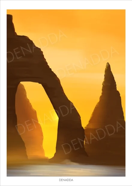 Affiche zen au sunset de la falaise d'Etretat l'Aiguille Creuse en Normandie. Illustration poétique de Denadda
