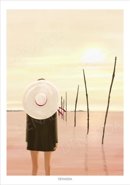 Affiche Zen d'un sunset à la plage de la pointe aux chevaux au Cap Ferret. Illustration poétique de Denadda