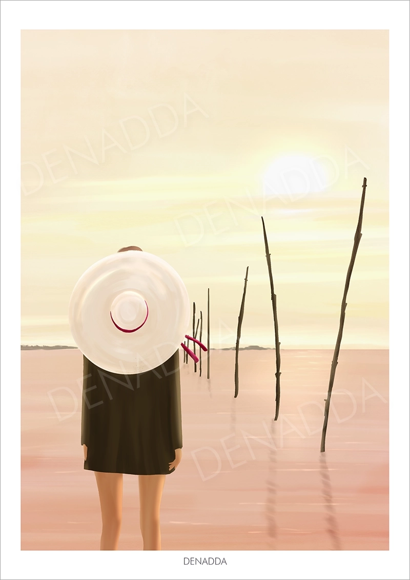 Affiche Zen d'un sunset à la plage de la pointe aux chevaux au Cap Ferret. Illustration poétique de Denadda