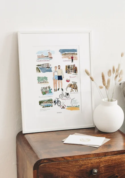 Cadre personnalisé couple, avec plusieurs dessins qui racontent leur histoire d'amour, date, lieu de rencontre​. Un dessin personnalisé par Denadda à partir de plusieurs photos. Idéal pour la décoration du chambre. Un cadeau unique pour anniversaire de mariage, Noël ou la Saint-Valentin.