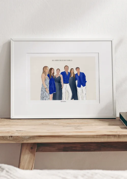 Cadre personnalisé famille – Dessin Cadre personnalisé famille de 6 personnes sur fond uni. Un dessin sur mesure réalisé par Denadda à partir d’une photo, idéal pour une décoration de maison ou comme cadeau personnalisé pour Noël, un anniversaire ou la fête des parents.
