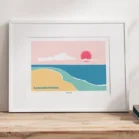 Cadre personnalisé paysage minimaliste d'une plage. Création dessinée par Denadda.
