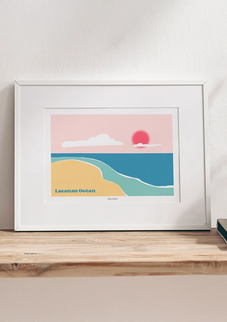 Cadre personnalisé paysage minimaliste d'une plage. Création dessinée par Denadda.