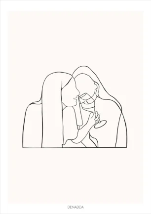 Dessin minimaliste personnalisé couple avec deux femmes partageant un moment complice autour d’un verre. Dessin style line art épuré en un seul trait par Denadda.