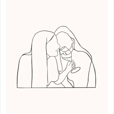 Dessin minimaliste personnalisé couple avec deux femmes partageant un moment complice autour d’un verre. Dessin style line art épuré en un seul trait par Denadda.