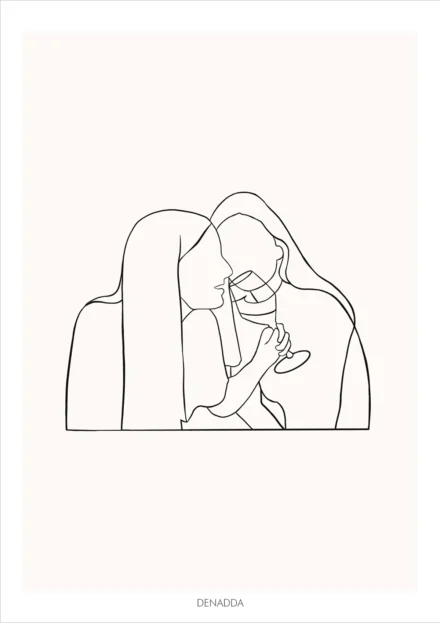 Dessin minimaliste personnalisé couple avec deux femmes partageant un moment complice autour d’un verre. Dessin style line art épuré en un seul trait par Denadda.