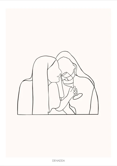 Dessin minimaliste personnalisé couple avec deux femmes partageant un moment complice autour d’un verre. Dessin style line art épuré en un seul trait par Denadda.