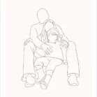 Dessin minimaliste personnalisé famille de 3 personnes en noir et blanc sur fond uni. Dessin line art épuré en un seul trait par Denadda.