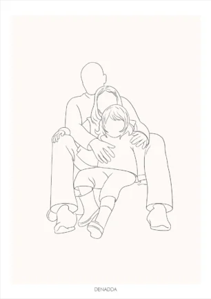 Dessin minimaliste personnalisé famille de 3 personnes en noir et blanc sur fond uni. Dessin line art épuré en un seul trait par Denadda.