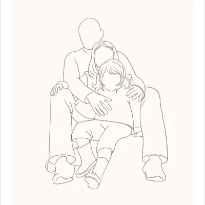 Dessin minimaliste personnalisé famille de 3 personnes en noir et blanc sur fond uni. Dessin line art épuré en un seul trait par Denadda.