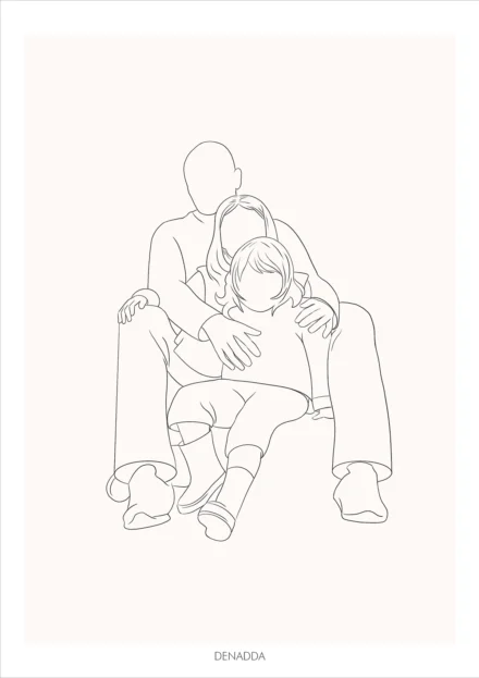 Dessin minimaliste personnalisé famille de 3 personnes en noir et blanc sur fond uni. Dessin line art épuré en un seul trait par Denadda.