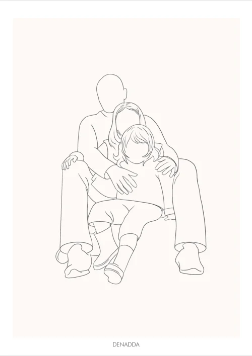 Dessin minimaliste personnalisé famille de 3 personnes en noir et blanc sur fond uni. Dessin line art épuré en un seul trait par Denadda.