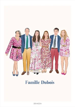 Dessin personnalisé famille de 6 personnes sur fond uni. Affiche sur mesure réalisée à partir d’une photo par Denadda.
