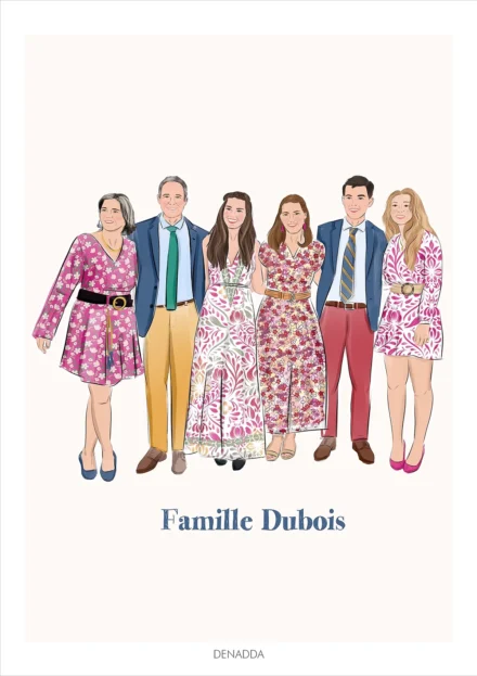 Dessin personnalisé famille de 6 personnes sur fond uni. Affiche sur mesure réalisée à partir d’une photo par Denadda.