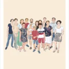 Dessin personnalisé famille nombreuse 16 personnes sur fond uni, affiche sur mesure réalisée à partir de plusieurs photos par Denadda.