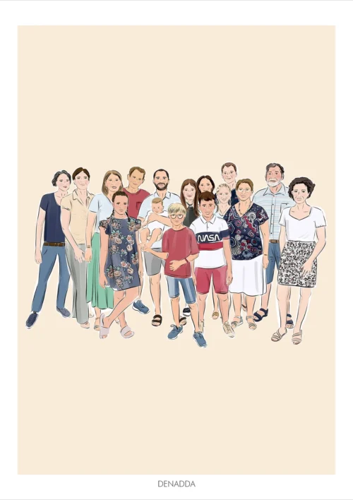 Dessin personnalisé famille nombreuse 16 personnes sur fond uni, affiche sur mesure réalisée à partir de plusieurs photos par Denadda.
