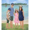 Illustration personnalisée famille 4 personnes en vacances à la plage, affiche sur mesure illustrée par Denadda d’après une photo.