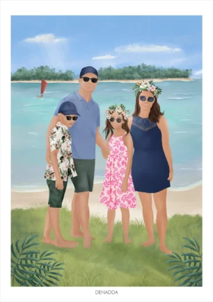 Illustration personnalisée famille 4 personnes en vacances à la plage, affiche sur mesure illustrée par Denadda d’après une photo.