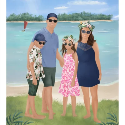 Illustration personnalisée famille 4 personnes en vacances à la plage, affiche sur mesure illustrée par Denadda d’après une photo.