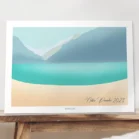 Illustration personnalisée paysage minimaliste d'un lac au matin. Un dessin personnalisé par Denadda