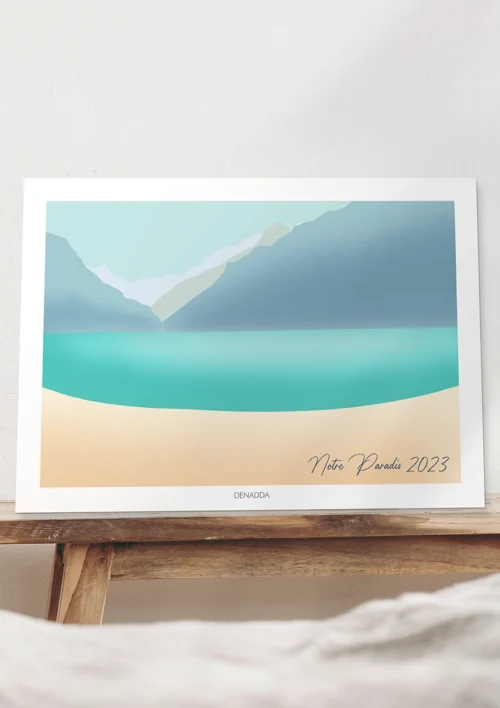 Illustration personnalisée paysage minimaliste - Le lac Illustration personnalisée paysage minimaliste d'un lac au matin. Un dessin personnalisé par Denadda