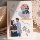 Poster personnalisé couple, avec 2 dessins qui racontent leur histoire d'amour, et leur date de rencontre​. Une affiche personnalisée par Denadda à partir de plusieurs photos. Idéal pour la décoration d'une chambre. Un cadeau original pour anniversaire de couple, Noël ou la Saint-Valentin.