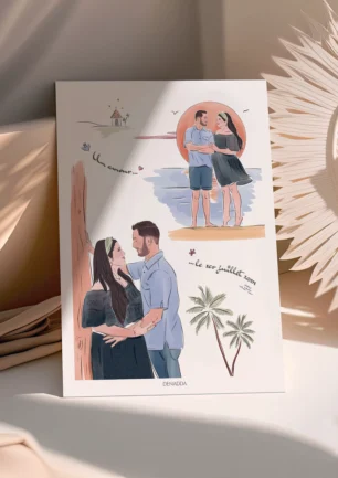 Poster personnalisé couple, avec 2 dessins qui racontent leur histoire d'amour, et leur date de rencontre​. Une affiche personnalisée par Denadda à partir de plusieurs photos. Idéal pour la décoration d'une chambre. Un cadeau original pour anniversaire de couple, Noël ou la Saint-Valentin.