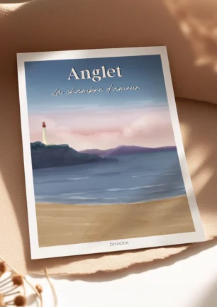 Poster personnalisé paysage d'un coucher de soleil en été sur la plage à Anglet. Illustration dessinée par Denadda.