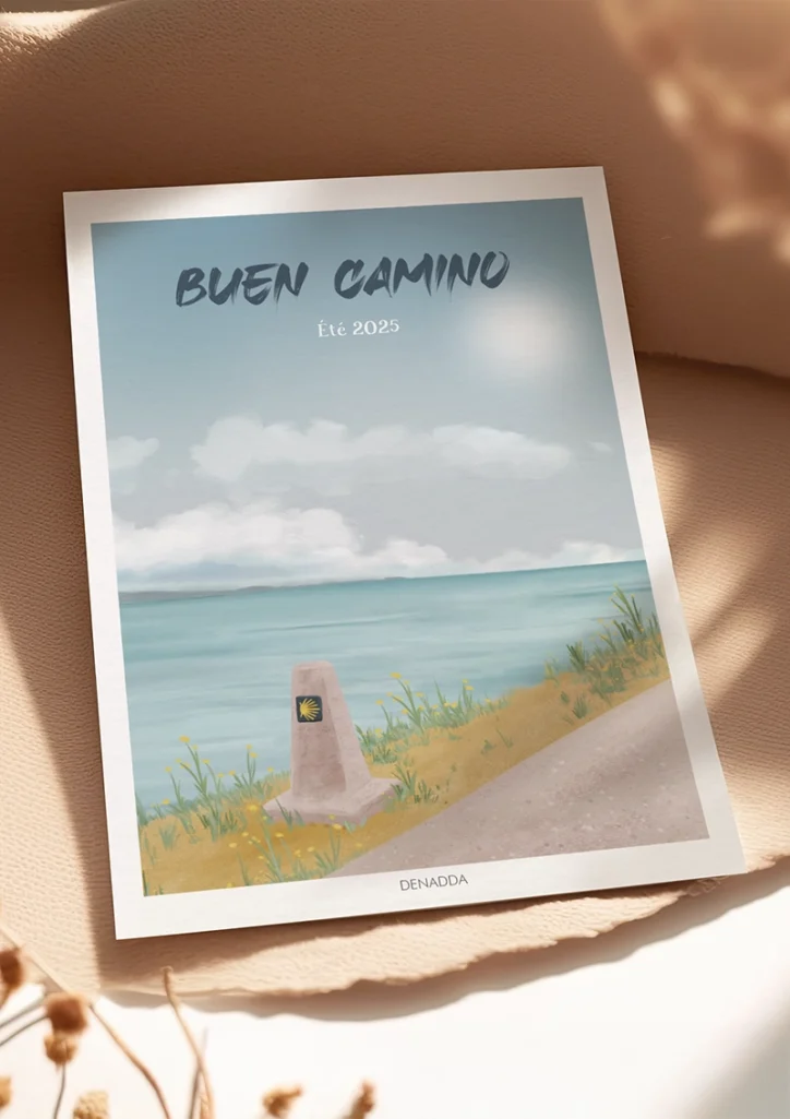 Poster personnalisé paysage de la mer sur le chemin de Compostelle. Illustration personnalisée par Denadda.