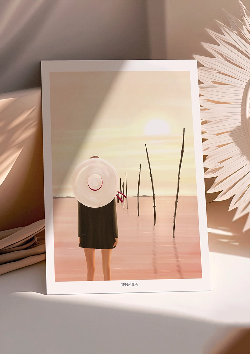 Poster Zen d'un sunset à la plage de la pointe aux chevaux au Cap Ferret. Illustration poétique de Denadda