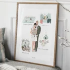 Tableau personnalisé couple, avec plusieurs dessins qui racontent leur histoire à travers différents événements. Un portrait de couple personnalisé par Denadda à partir de plusieurs photos dans un style dessin.