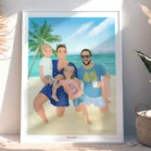 Tableau personnalisé famille illustration de 4 personnes en vacances à la plage avec palmiers et mer en arrière-plan. Un portrait de famille personnalisé par Denadda à partir d’une photo.