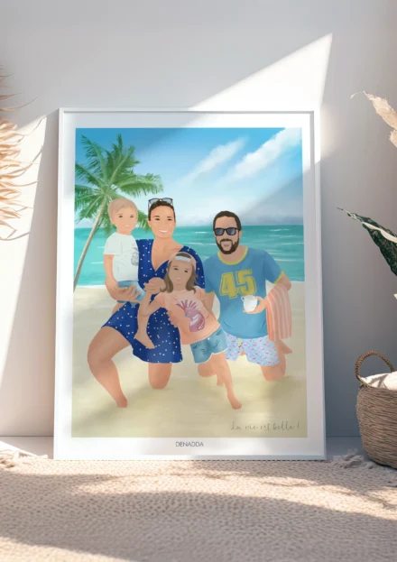 Tableau personnalisé famille illustration de 4 personnes en vacances à la plage avec palmiers et mer en arrière-plan. Un portrait de famille personnalisé par Denadda à partir d’une photo.