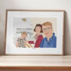 Tableau personnalisé famille dessin de 3 personnes en intérieur. Un portrait de famille personnalisé par Denadda à partir d’une photo.