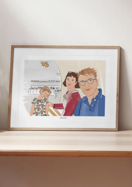Tableau personnalisé famille dessin de 3 personnes en intérieur. Un portrait de famille personnalisé par Denadda à partir d’une photo.