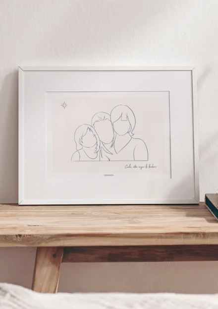 Tableau personnalisé famille d'un dessin minimaliste de 3 personnes, deux parents et leur enfant avec citation sur fond uni. Un portrait de famille dessiné en un seul trait par Denadda à partir d'une photo dans le style line art.