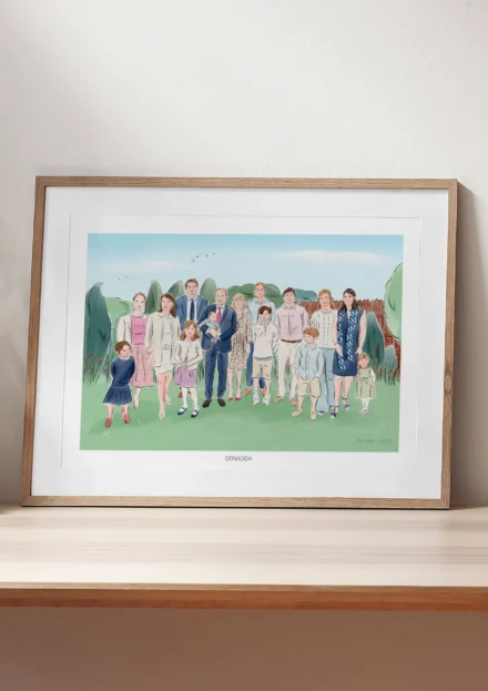 Tableau personnalisé famille nombreuse encadré, dessin de 15 personnes en extérieur. Un portrait de famille personnalisé par Denadda à partir de plusieurs photos.