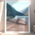 Tableau personnalisé paysage d'une forêt au bord d'un lac avec ses montagnes. Illustration détaillée de Denadda.