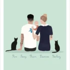 Illustration minimaliste personnalisée famille et animaux de dos, 1 bébé avec son papa et sa maman et 2 chat noirs avec prénoms de la famille. Une création de Denadda à partir de plusieurs photos.