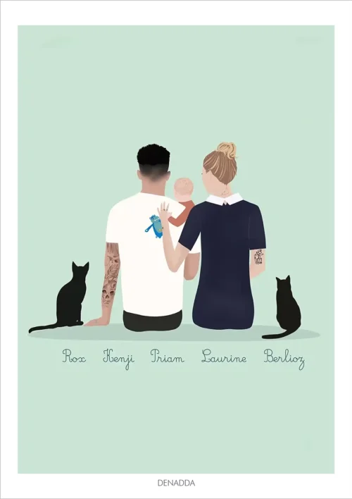 Illustration minimaliste personnalisée famille et animaux de dos Illustration minimaliste personnalisée famille et animaux de dos, 1 bébé avec son papa et sa maman et 2 chat noirs avec prénoms de la famille. Une création de Denadda à partir de plusieurs photos.