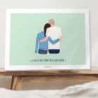 Affiche personnalisée couple de dos avec citation. Illustration minimaliste dessinée à partir d'une photo par Denadda pour un cadeau de Saint-Valentin.