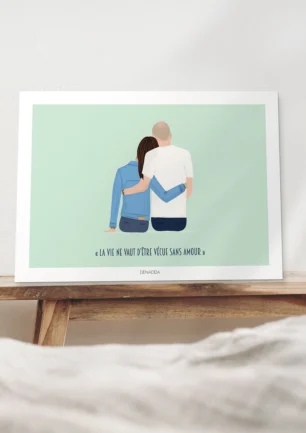 Affiche personnalisée couple de dos avec citation. Illustration minimaliste dessinée à partir d'une photo par Denadda pour un cadeau de Saint-Valentin.