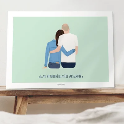 Affiche personnalisée couple de dos – Illustration minimaliste Affiche personnalisée couple de dos avec citation. Illustration minimaliste dessinée à partir d'une photo par Denadda pour un cadeau de Saint-Valentin.