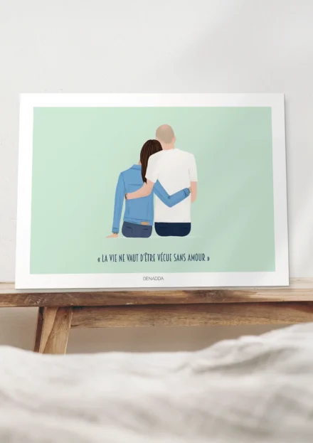 Affiche personnalisée couple de dos avec citation. Illustration minimaliste dessinée à partir d'une photo par Denadda pour un cadeau de Saint-Valentin.