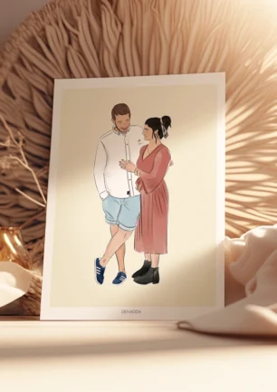 Affiche personnalisée couple dessin 2 personnes sur fond uni. Un dessin personnalisé par Denadda à partir d’une photo pour un cadeau de couple original à la Saint-Valentin.